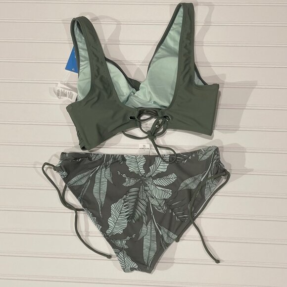 Cupshe Women Large Two-Piece Bikini Green Tropical Leaf Wrap Front Lace Up Cheek - Picture 3 of 4